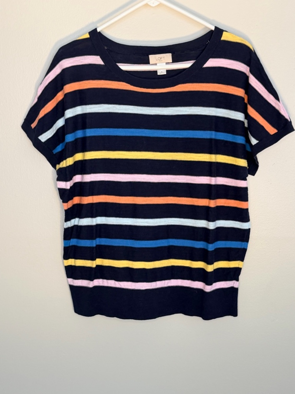 LOFT Navy Multi-Stripe Short Sleeve Lightweight Knit Sweater
